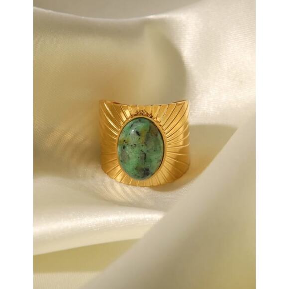 18K Gold Plated Stainless Steel Turquoise Geometric Vintage Band Ring - Picture 3 of 9